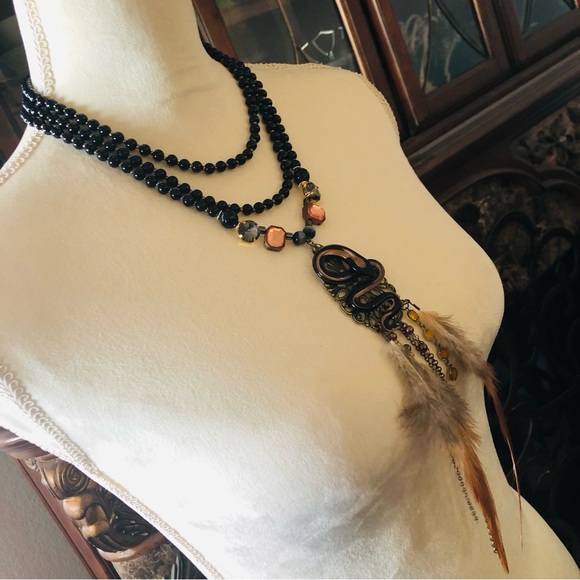 Handcrafted filigree snake Czech Pearl genuine onyx gemstone clasp necklace - Picture 3 of 12